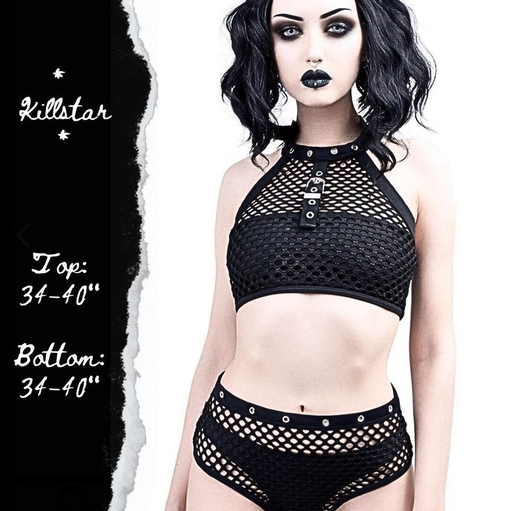 🚫SOLD🚫Killstar Black Fishnet Halter Top Bottom Bikini Set Buckle and Grommets